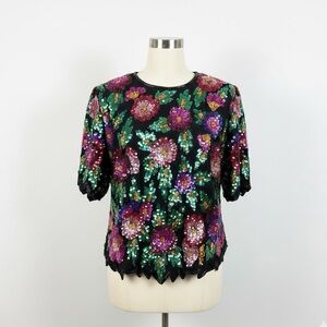 Vintage 1980s Beaded Floral Sequin Top Sparkly Blouse Evening Glam Art Deco Med